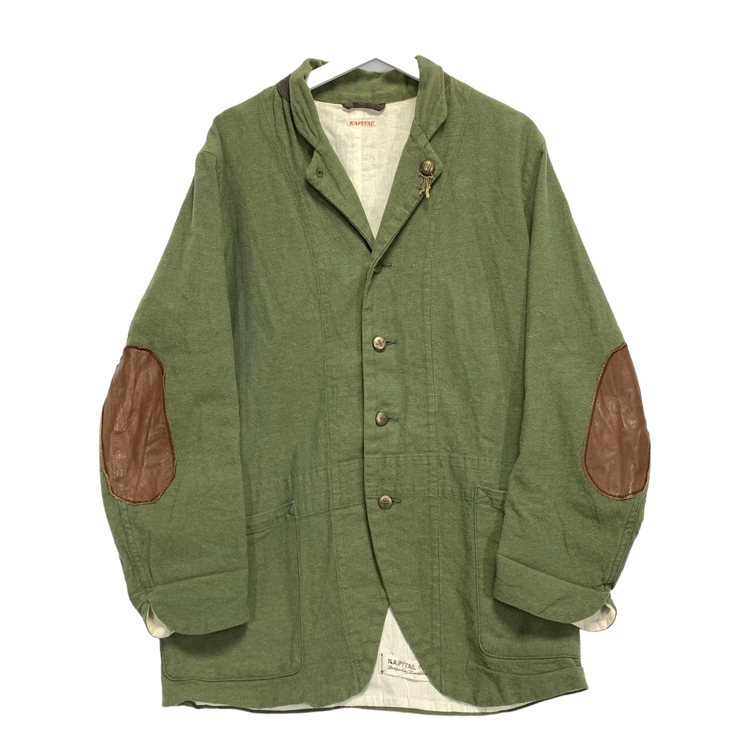 [2] Kapital Cotton Linen Leather Elbow 4 Button Blazer