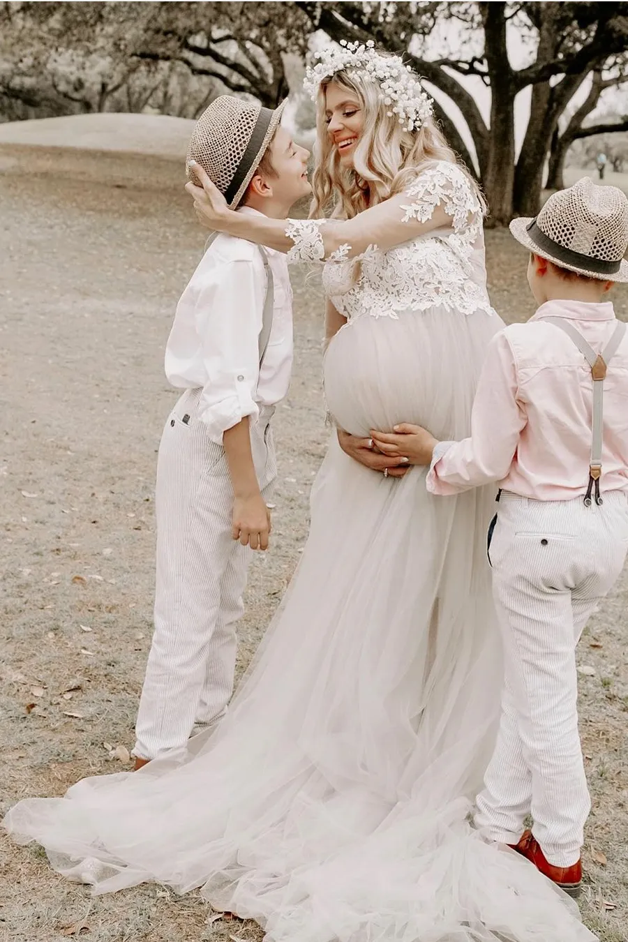 3/4 Sleeves Lace Maternity Dress for Photoshoot Tulle Skirt