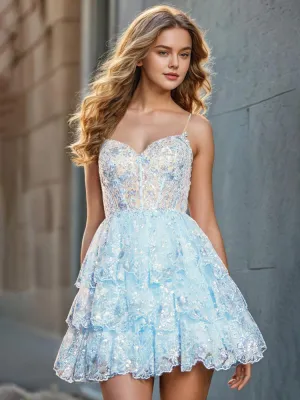 A-Line Spaghetti Straps Sequin Appliques Back Zip Homecoming Dresses