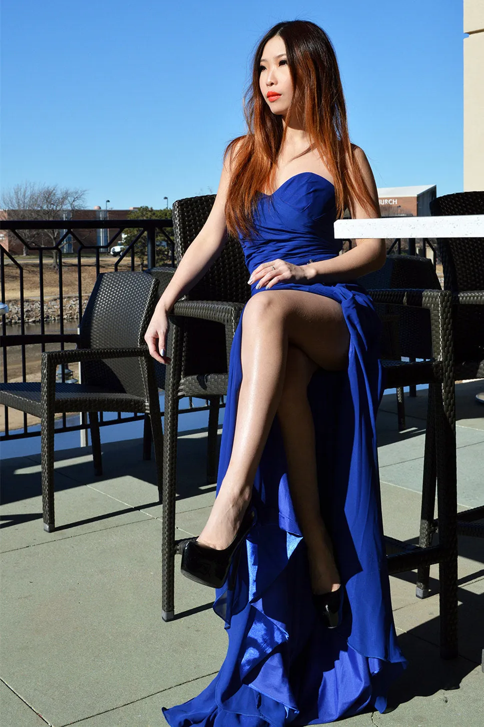 A-line Sweetheart Floor Length Chiffon Front Slit Rhinestone Prom Dress