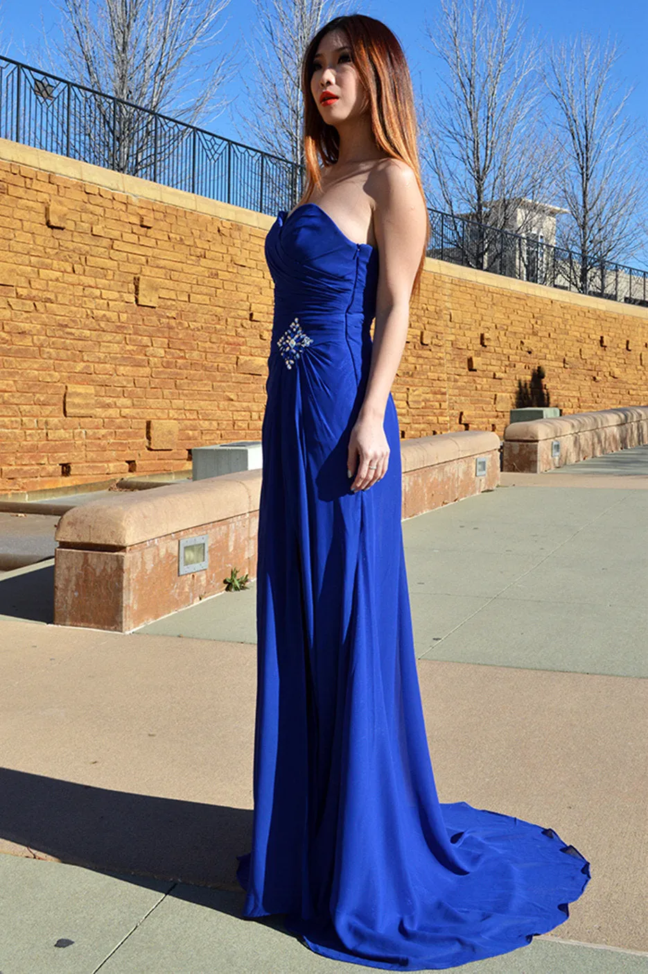 A-line Sweetheart Floor Length Chiffon Front Slit Rhinestone Prom Dress
