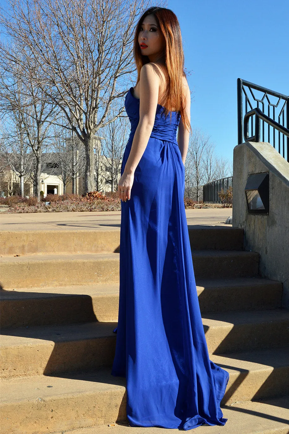 A-line Sweetheart Floor Length Chiffon Front Slit Rhinestone Prom Dress