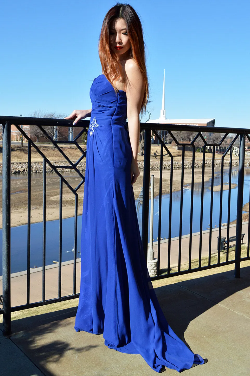 A-line Sweetheart Floor Length Chiffon Front Slit Rhinestone Prom Dress
