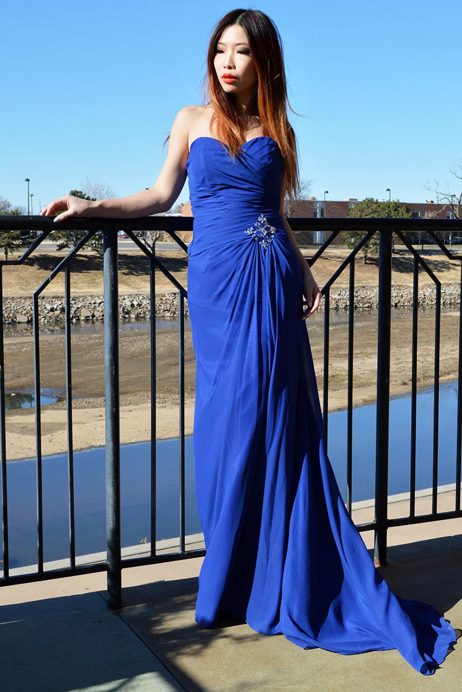 A-line Sweetheart Floor Length Chiffon Front Slit Rhinestone Prom Dress