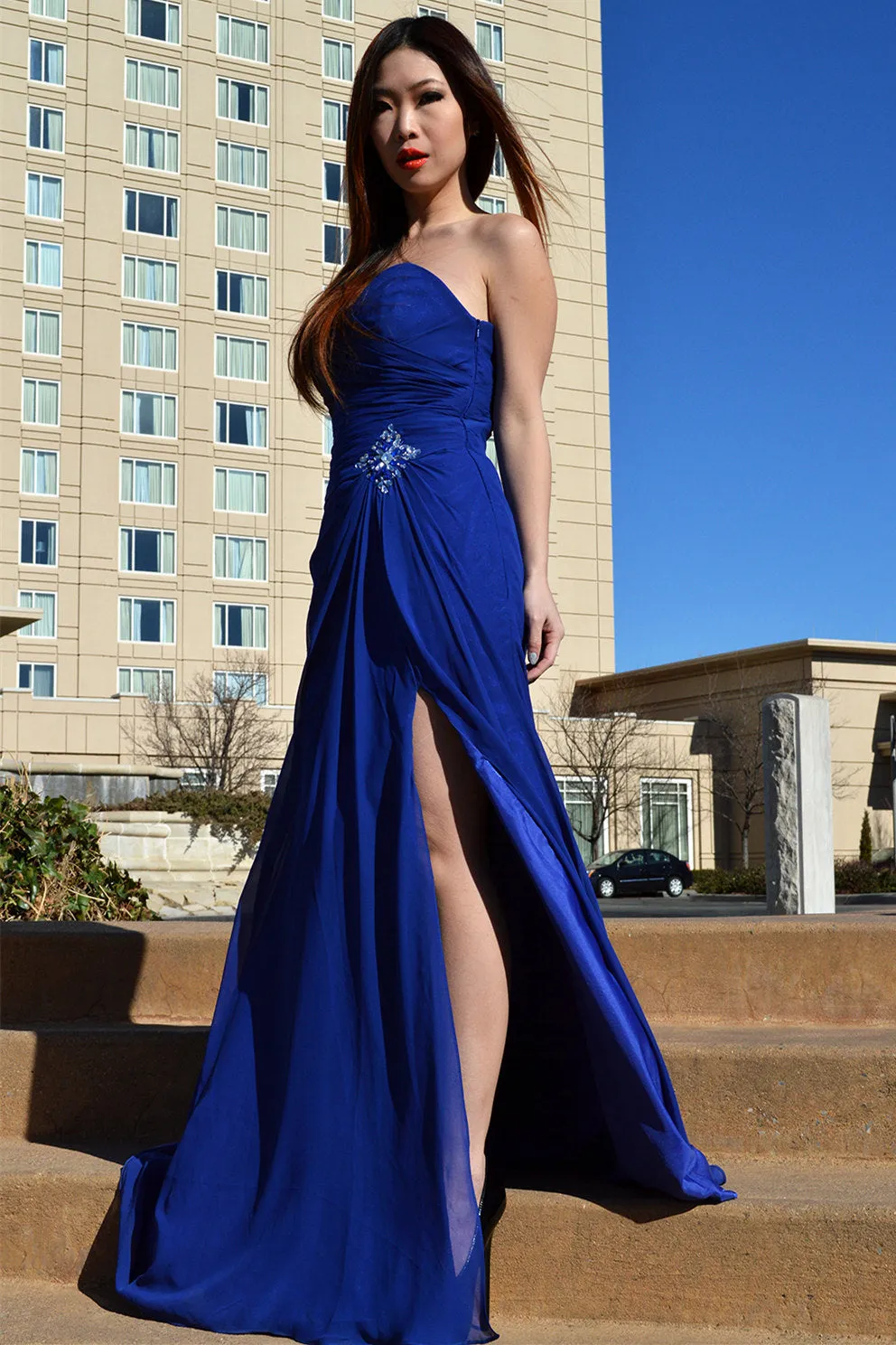 A-line Sweetheart Floor Length Chiffon Front Slit Rhinestone Prom Dress