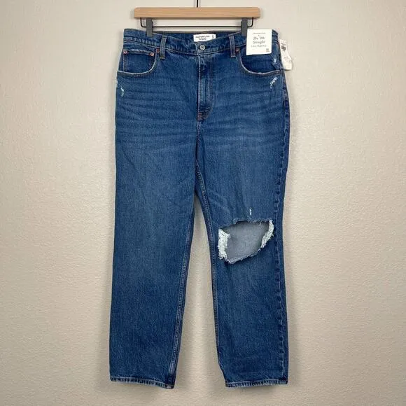 Abercrombie And Fitch The 90's Straight Ultra High Rise Jeans 32S Distressed NWT