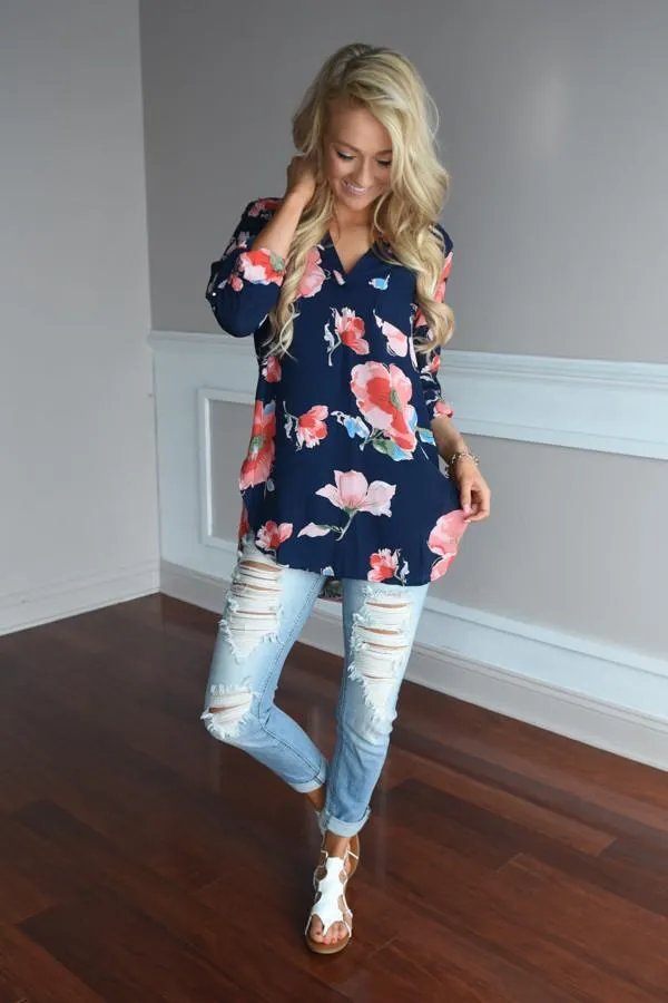 Always Faithful Navy Floral Blouse