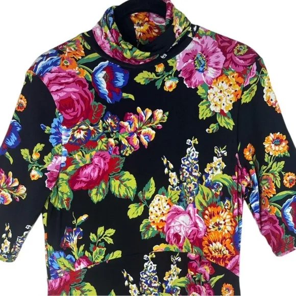 Anthropologie Ett Twa Coreyelle Turtleneck Floral Black Jersey Dress Size:Small