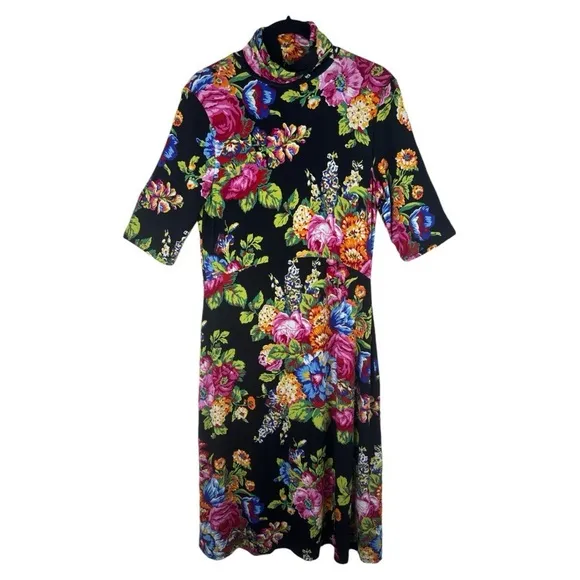 Anthropologie Ett Twa Coreyelle Turtleneck Floral Black Jersey Dress Size:Small