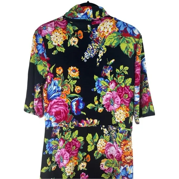 Anthropologie Ett Twa Coreyelle Turtleneck Floral Black Jersey Dress Size:Small
