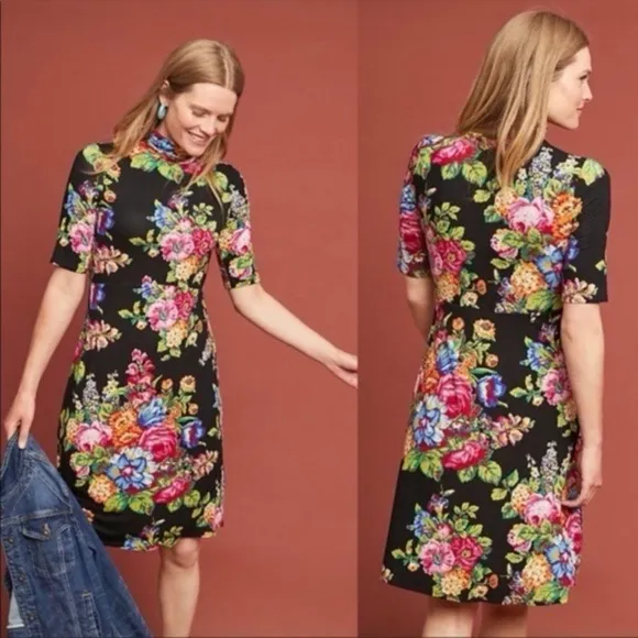 Anthropologie Ett Twa Coreyelle Turtleneck Floral Black Jersey Dress Size:Small