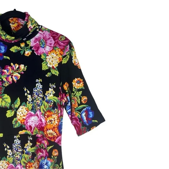 Anthropologie Ett Twa Coreyelle Turtleneck Floral Black Jersey Dress Size:Small