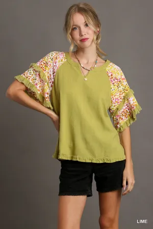 Ava V-Notched Linen Top with Double Layer Flutter Sleeves In Lime