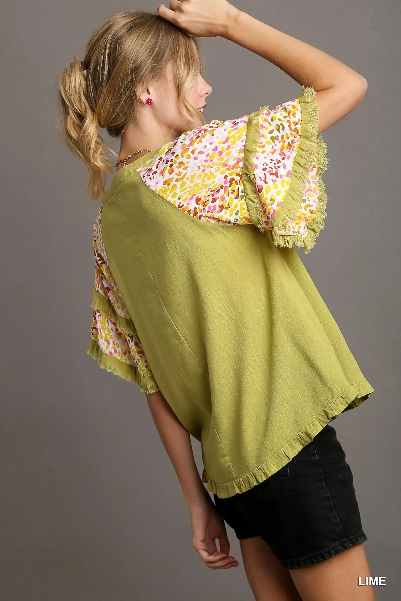 Ava V-Notched Linen Top with Double Layer Flutter Sleeves In Lime