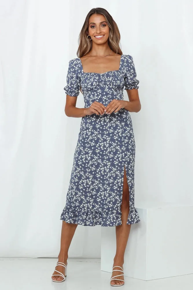 Backless Vintage Square Collar Floral Printed Midi Dress