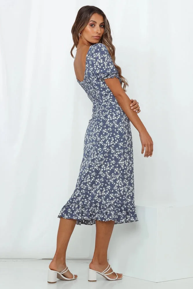 Backless Vintage Square Collar Floral Printed Midi Dress