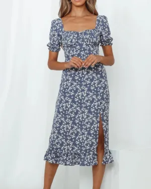 Backless Vintage Square Collar Floral Printed Midi Dress