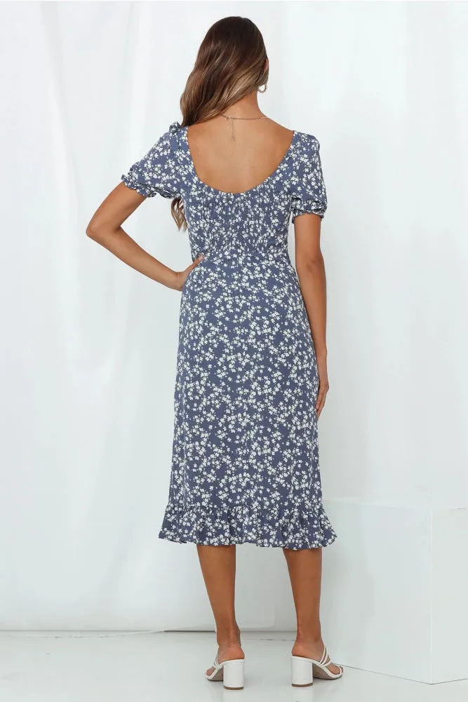 Backless Vintage Square Collar Floral Printed Midi Dress