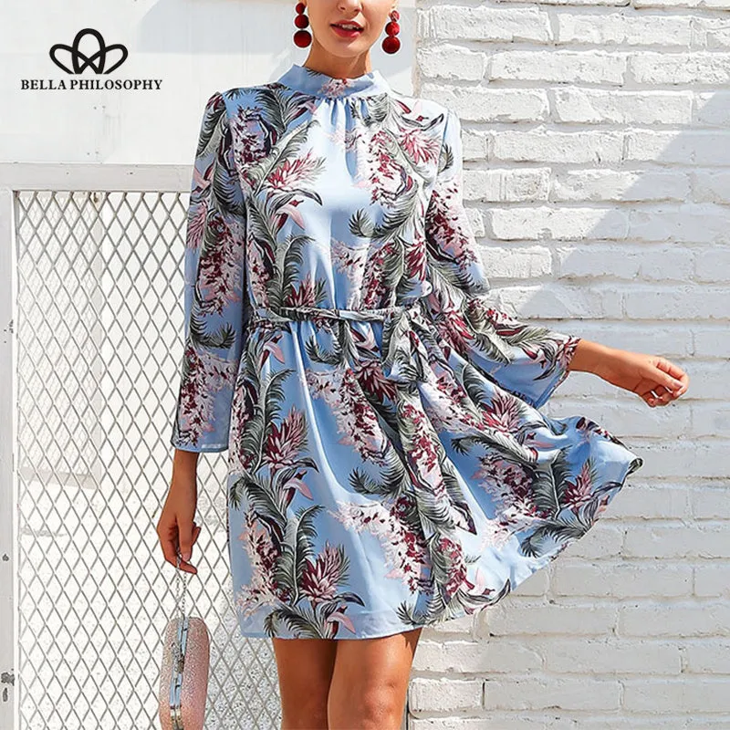Bella Philosophy Backless A-Line Floral Print Mini O-Neck Chiffon Dress