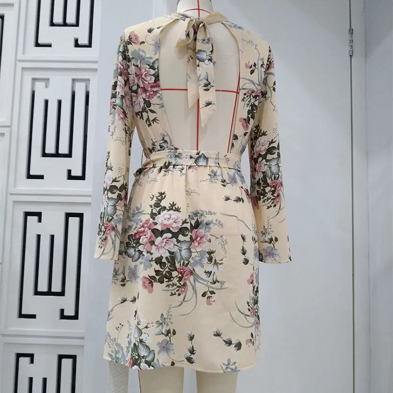 Bella Philosophy Backless A-Line Floral Print Mini O-Neck Chiffon Dress