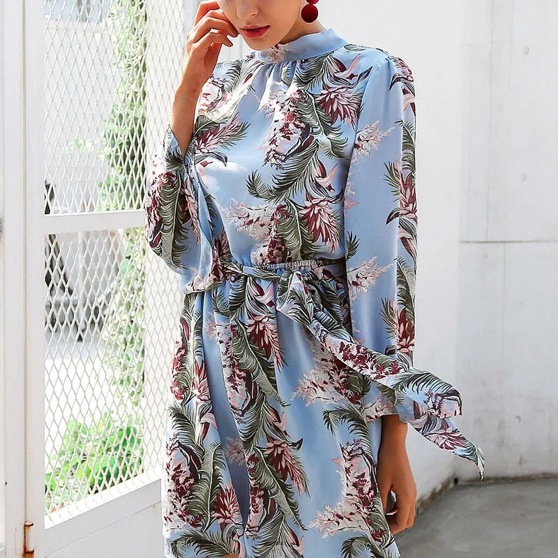 Bella Philosophy Backless A-Line Floral Print Mini O-Neck Chiffon Dress