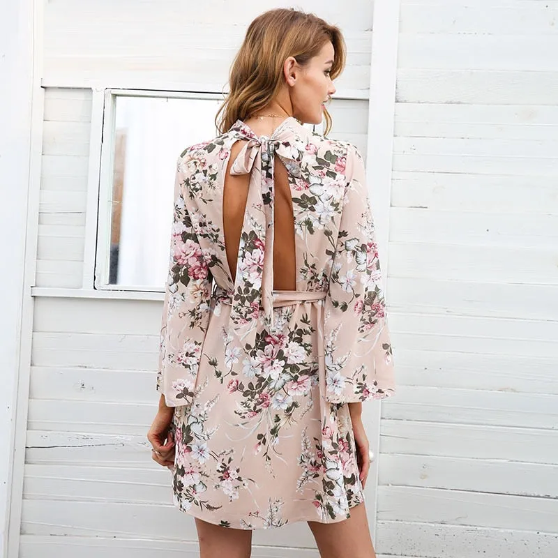 Bella Philosophy Backless A-Line Floral Print Mini O-Neck Chiffon Dress