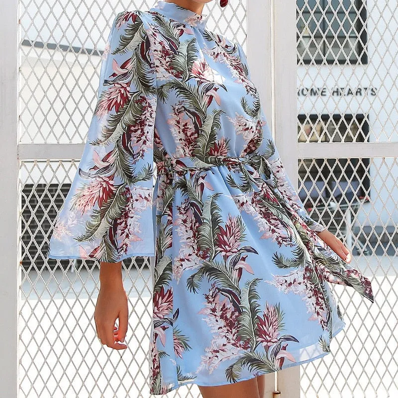 Bella Philosophy Backless A-Line Floral Print Mini O-Neck Chiffon Dress
