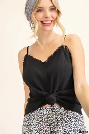 Black Linen Self Fray Cami
