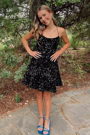 Black Sequins A-line Scoop Spaghetti Straps Short Homecoming Dress, MH601