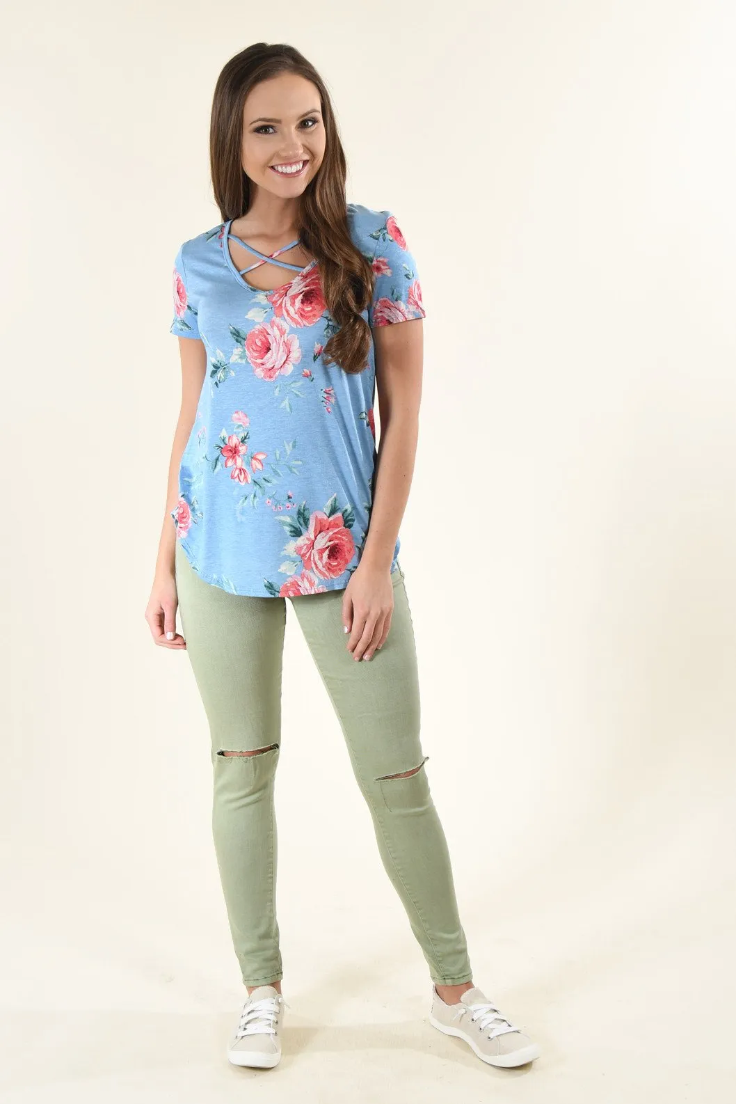 Blue Criss Cross Floral Top