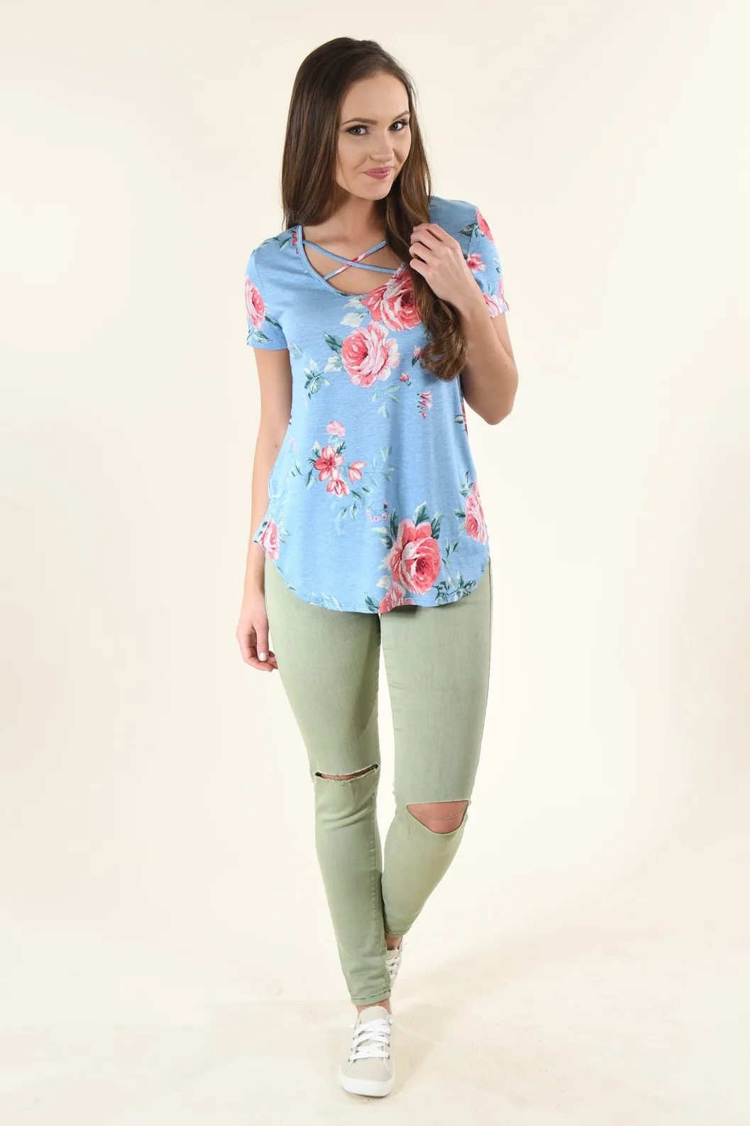 Blue Criss Cross Floral Top