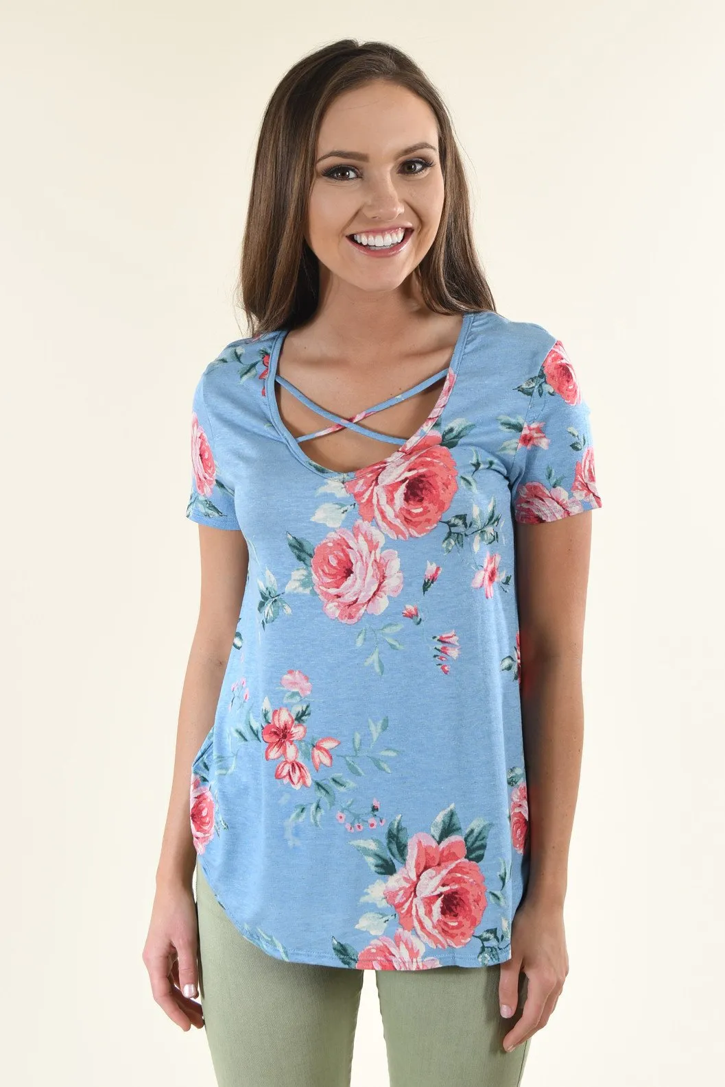 Blue Criss Cross Floral Top