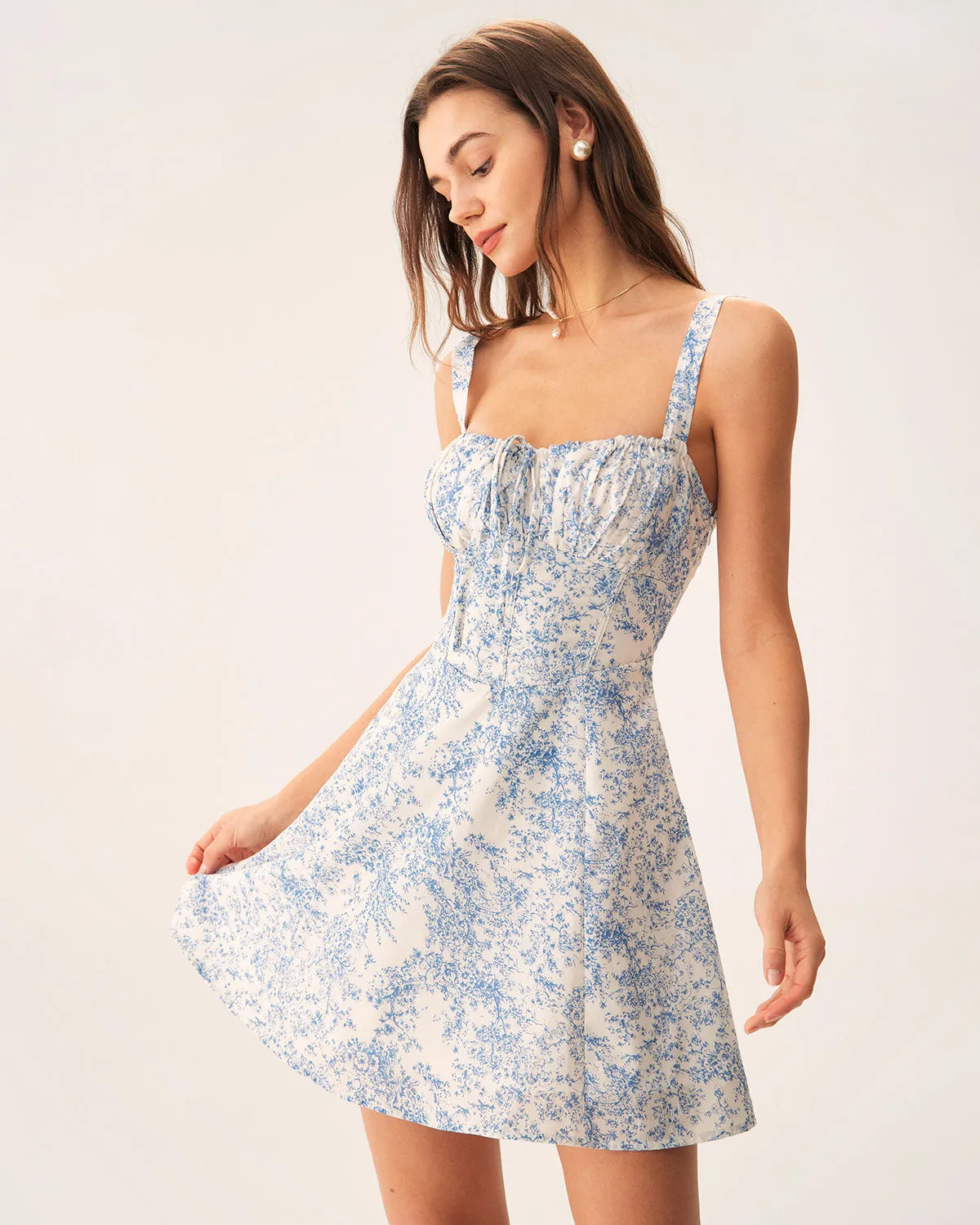 Blue Floral Ruched Slip Corset Mini Dress