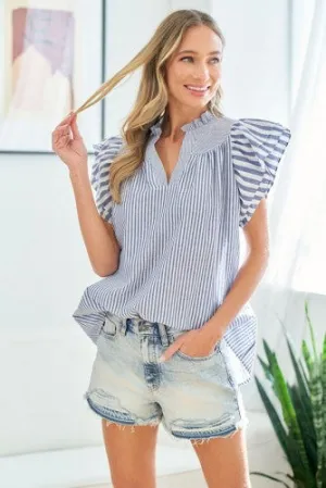 Blue Stripe Linen Like Ruffle Sleeve Top
