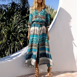 Bohemian Print Dress Beach Skirt V-neck 1/2 Sleeves Plus Size Boho Floral Dresses