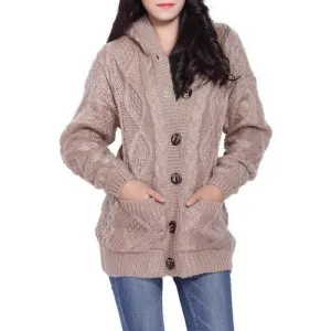Cable Knit Hooded Cardigan - Khaki One Size