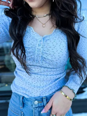 Casie Lace Trim Floral Top- Chambray