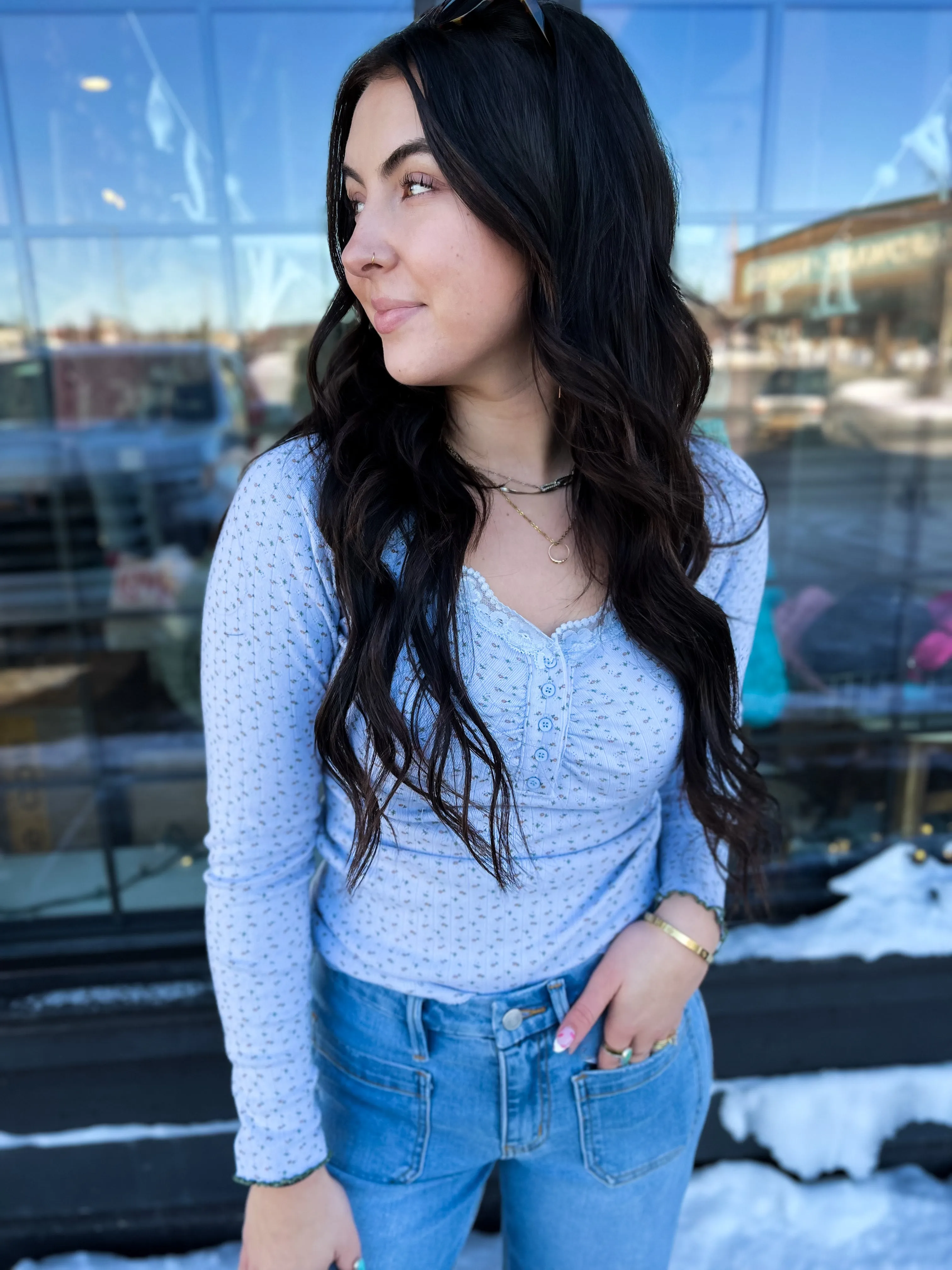 Casie Lace Trim Floral Top- Chambray