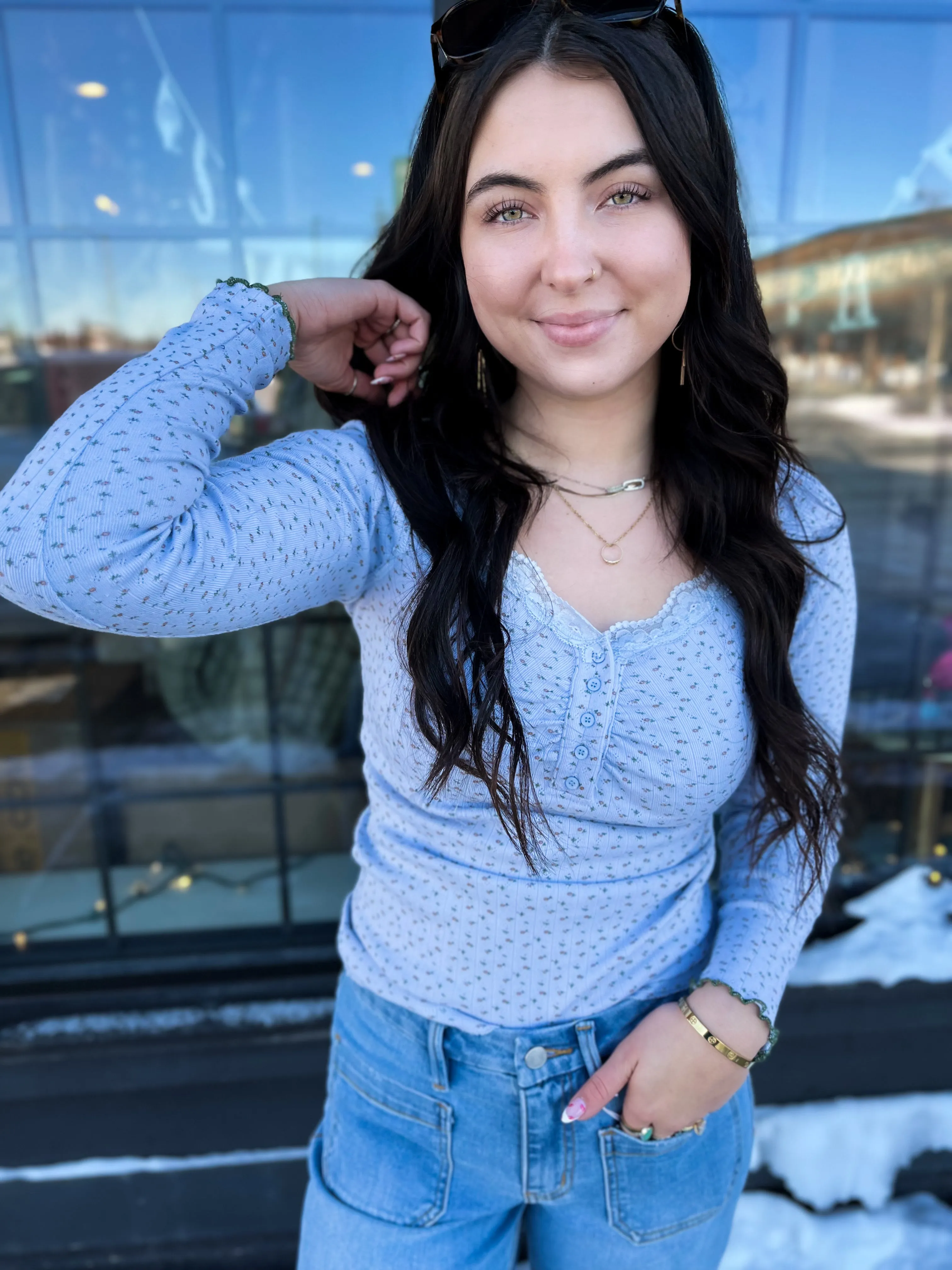 Casie Lace Trim Floral Top- Chambray