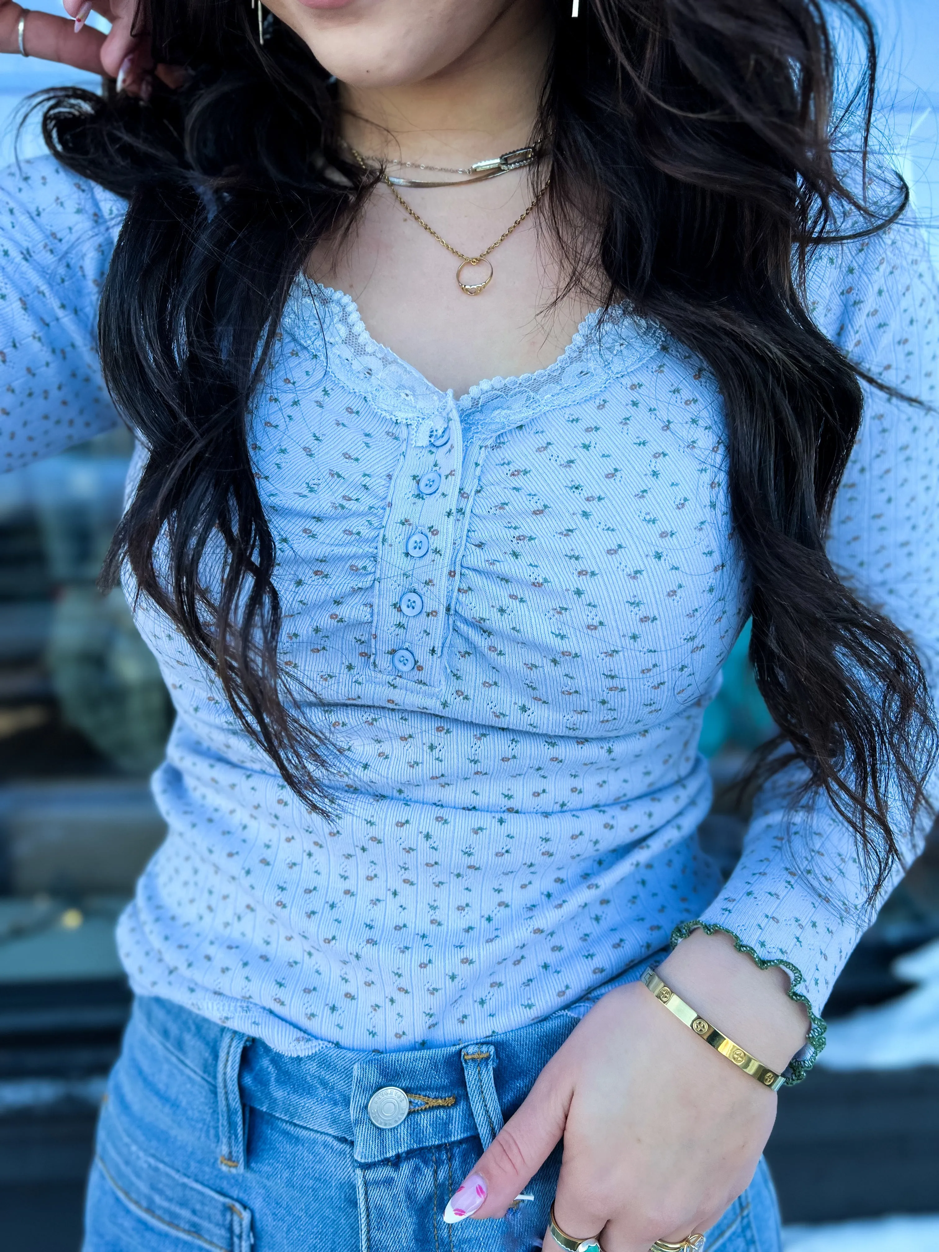 Casie Lace Trim Floral Top- Chambray