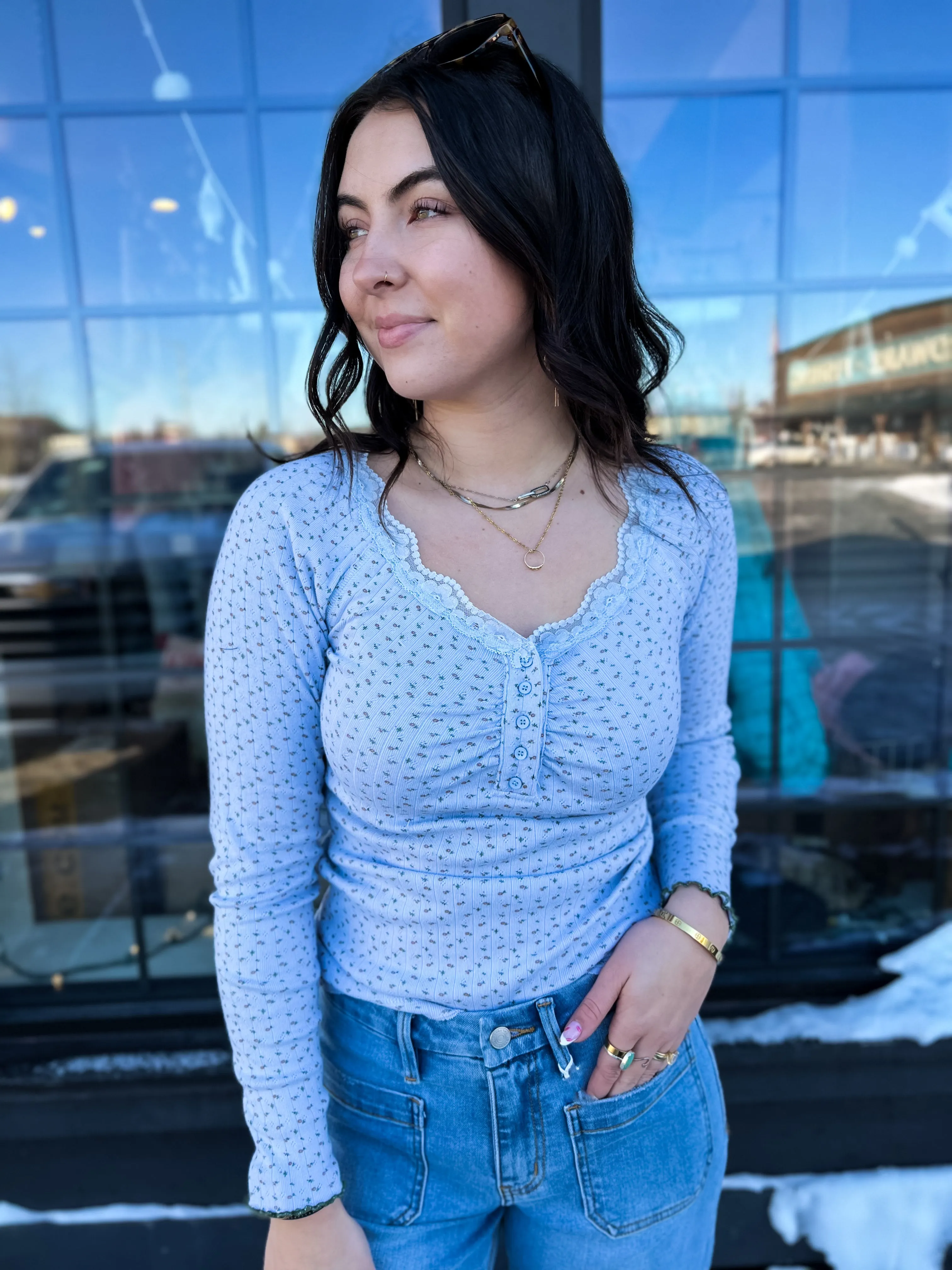 Casie Lace Trim Floral Top- Chambray