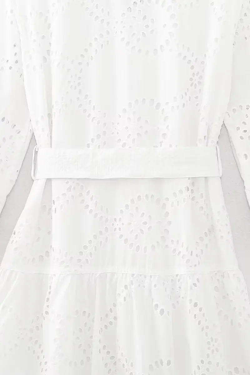 Casual Daily Solid Color Embroidered Hollow Out Lace Up Turndown Collar A Line Dresses