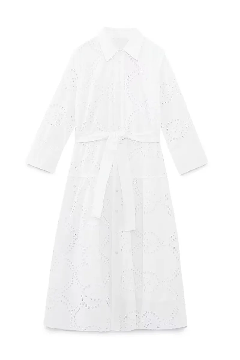 Casual Daily Solid Color Embroidered Hollow Out Lace Up Turndown Collar A Line Dresses
