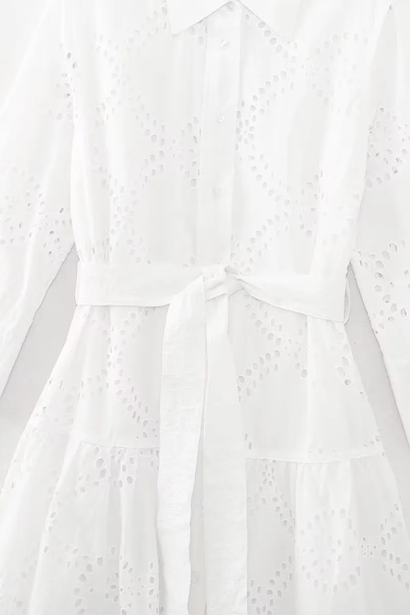 Casual Daily Solid Color Embroidered Hollow Out Lace Up Turndown Collar A Line Dresses