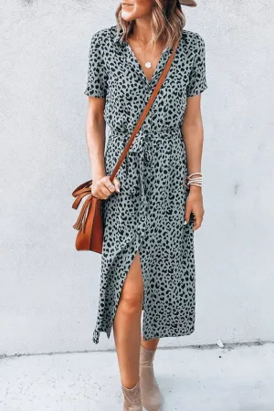 Casual Elegant Print Bandage Slit With Belt POLO collar A Line Dresses