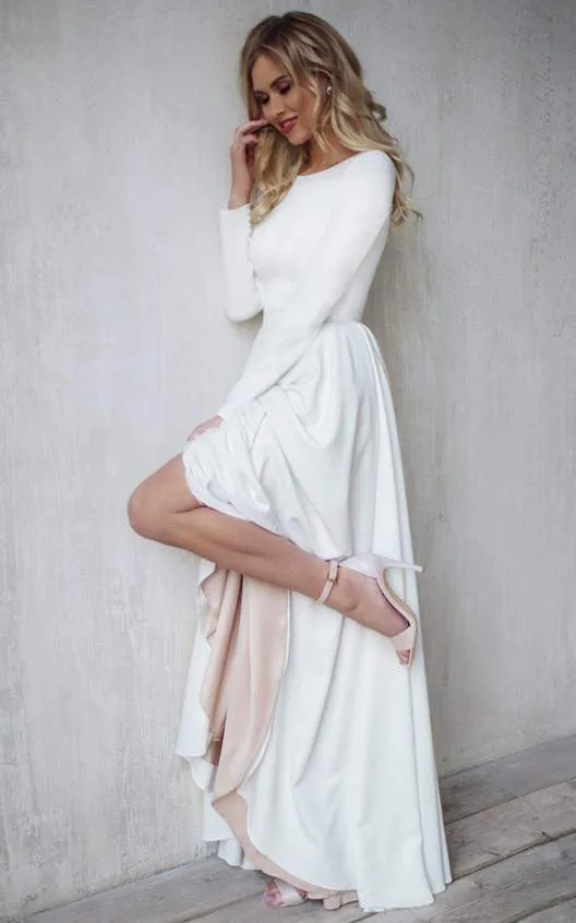 Casual Modern Bateau A Line High-Low Long Sleeve Wedding Dress-716029