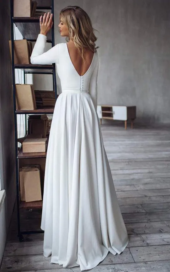Casual Modern Bateau A Line High-Low Long Sleeve Wedding Dress-716029