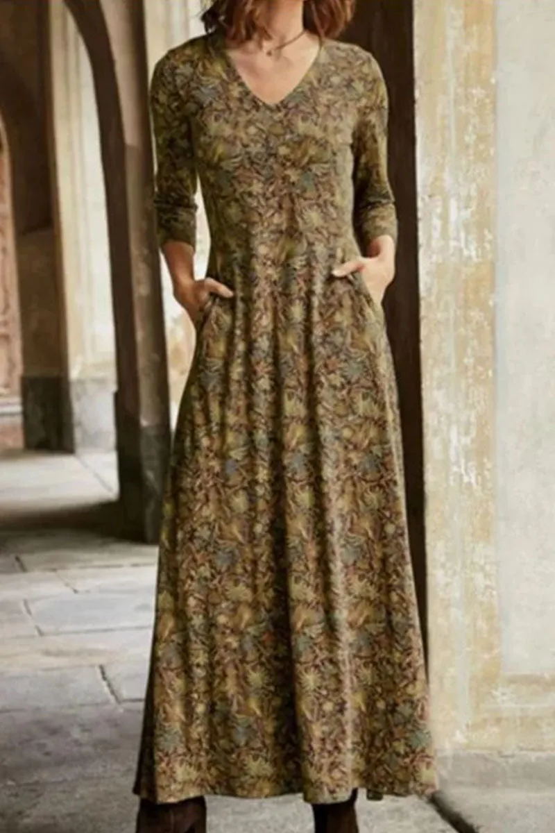 Casual Print Patchwork V Neck A Line Dresses(4 Colors)