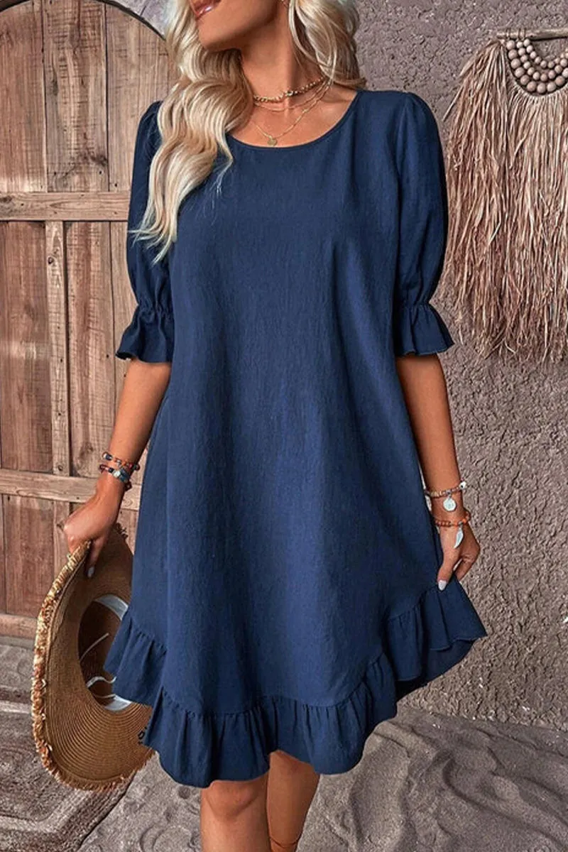 Casual Solid Flounce O Neck A Line Dresses