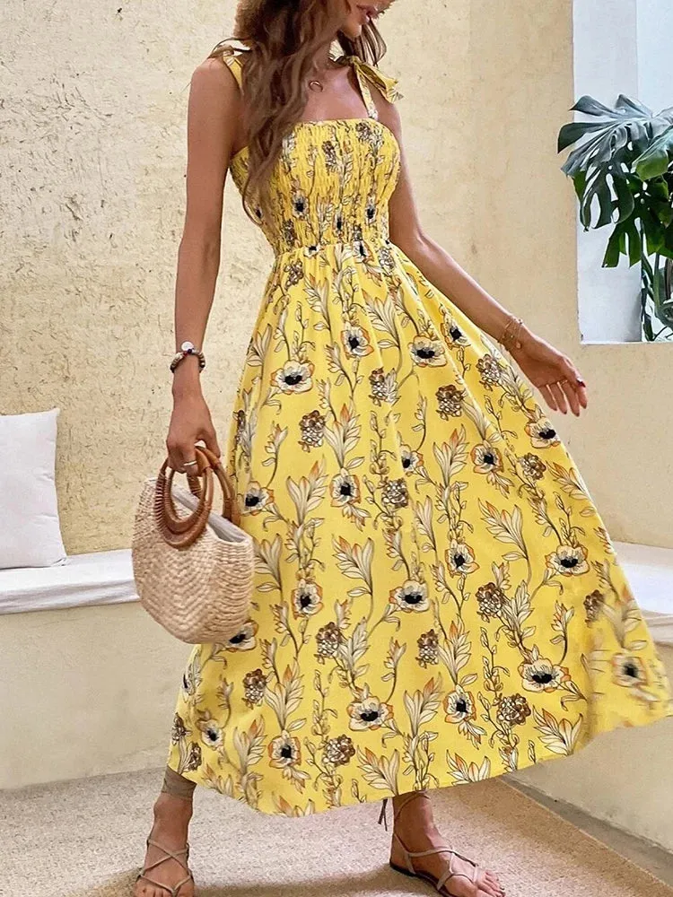 Chic Floral Print Long Dress New Fashion Backless Sleeveless Bandage Beach Sundress Casual Spring Summer Dresses